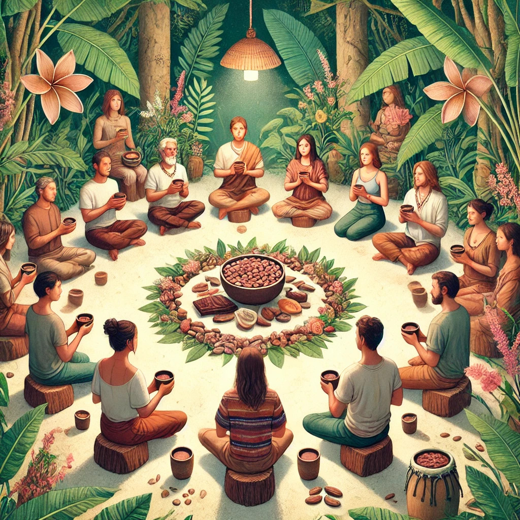 group of Aztecs sat in a circle holding a ceremony